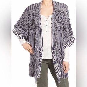 Hinge Open Cardigan Cotton Art Deco Fringe Navy Ivory XS / Small